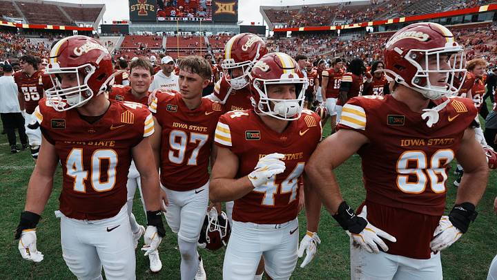 Iowa State football players celebrate after a 55-7 victory over Bowling Green on Sept. 19, 2026, at Jack Trice Stadium in Ames, Iowa. Iowa State football players celebrate after a 55-7 victory over Bowling Green on Sept. 19, 2026, at Jack Trice Stadium in Ames, Iowa.