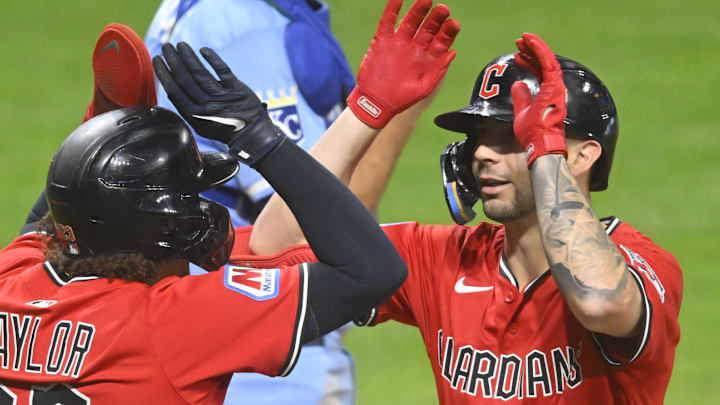 Sep 11, 2025; Cleveland, Ohio, USA; Cleveland Guardians right fielder CJ Kayfus (63) celebrates his two-run home run with catcher Bo Naylor (23) in the eighth inning against the Kansas City Royals at Progressive Field. Mandatory Credit: David Richard-Imagn Images