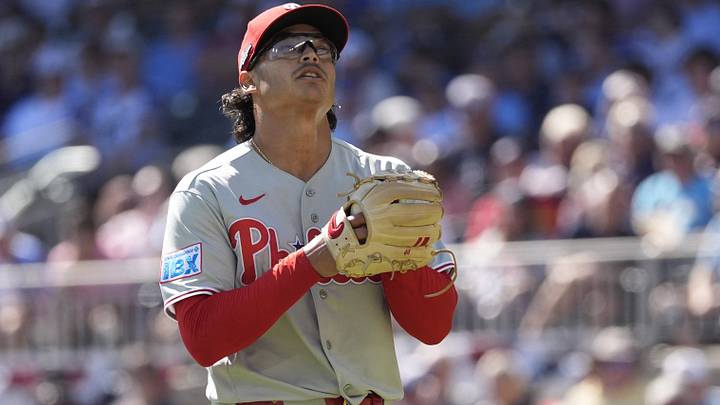 Sep 29, 2026; Cumberland, Georgia, USA; Philadelphia Phillies pitcher Jesus Luzardo (44) reacts in the third inning against the Atlanta Braves during game one of the Wildcard round for the 2026 MLB Playoffs at Truist Park. Mandatory Credit: Dale Zanine-Imagn Images Sep 29, 2026; Cumberland, Georgia, USA; Philadelphia Phillies pitcher Jesus Luzardo (44) reacts in the third inning against the Atlanta Braves during game one of the Wildcard round for the 2026 MLB Playoffs at Truist Park. Mandatory Credit: Dale Zanine-Imagn Images