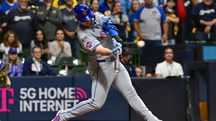 Oct 3, 2024; Milwaukee, Wisconsin, USA; New York Mets first baseman Pete Alonso (20) hits a three run home run against the Milwaukee Brewers in the ninth inning during game three of the Wildcard round for the 2024 MLB Playoffs at American Family Field. Mandatory Credit: Benny Sieu-Imagn Images Oct 3, 2024; Milwaukee, Wisconsin, USA; New York Mets first baseman Pete Alonso (20) hits a three run home run against the Milwaukee Brewers in the ninth inning during game three of the Wildcard round for the 2024 MLB Playoffs at American Family Field. Mandatory Credit: Benny Sieu-Imagn Images