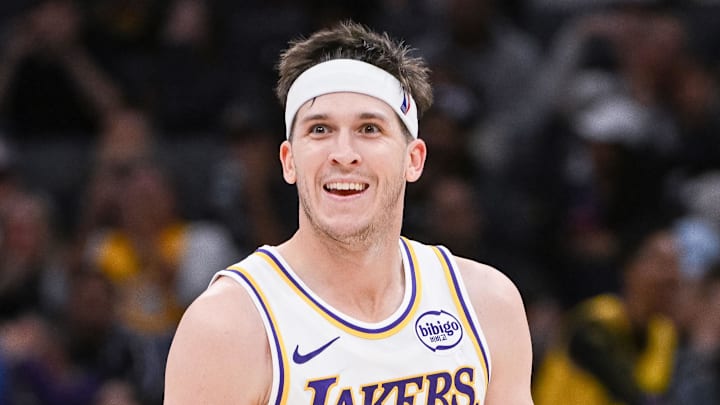 Oct 26, 2025; Sacramento, California, USA; Los Angeles Lakers guard Austin Reaves (15) reacts after making a three point shot against the Sacramento Kings during the fourth quarter at Golden 1 Center. Mandatory Credit: Ed Szczepanski-Imagn Images
