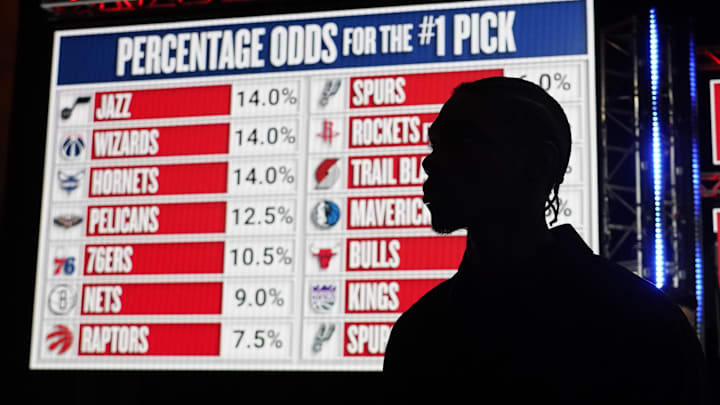 May 12, 2025; Chicago, Illinois, US; A draft prospect during the 2025 NBA Draft Lottery at McCormick Place. Mandatory Credit: David Banks-Imagn Images