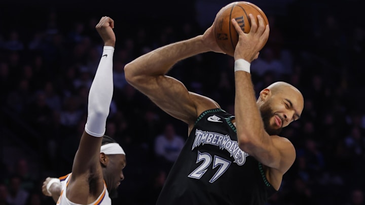 Dec 8, 2025; Minneapolis, Minnesota, USA; Minnesota Timberwolves center Rudy Gobert (27) reacts after getting a flagrant foul to his eye by Phoenix Suns center Mark Williams (15) in the third quarter at Target Center. Mandatory Credit: Bruce Kluckhohn-Imagn Images Dec 8, 2025; Minneapolis, Minnesota, USA; Minnesota Timberwolves center Rudy Gobert (27) reacts after getting a flagrant foul to his eye by Phoenix Suns center Mark Williams (15) in the third quarter at Target Center. Mandatory Credit: Bruce Kluckhohn-Imagn Images
