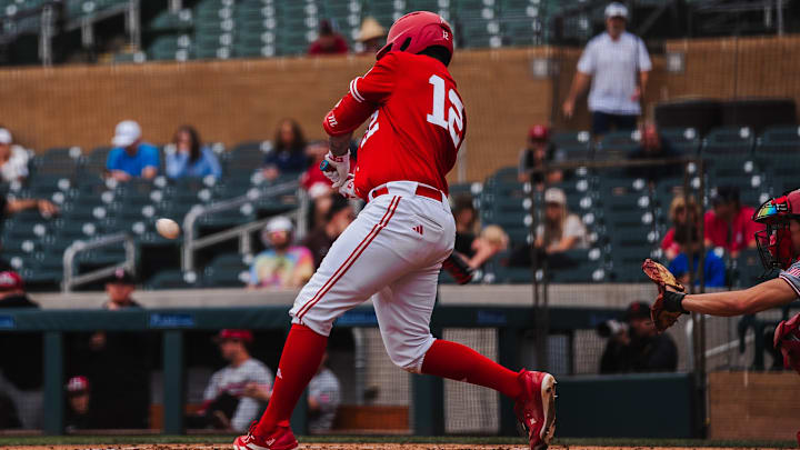 Nebraska designated hitter Cole Kitchens swings at a pitch against Stanford in the MLB Desert Invitational.