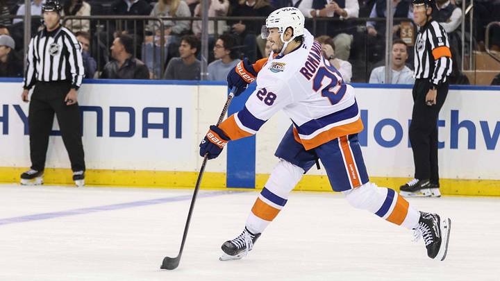 Oct 6, 2026; New York, New York, USA; New York Islanders defenseman Alexander Romanov (28) passes the puck in the first period against the New York Rangers at Madison Square Garden. Mandatory Credit: Wendell Cruz-Imagn Images Oct 6, 2026; New York, New York, USA; New York Islanders defenseman Alexander Romanov (28) passes the puck in the first period against the New York Rangers at Madison Square Garden. Mandatory Credit: Wendell Cruz-Imagn Images