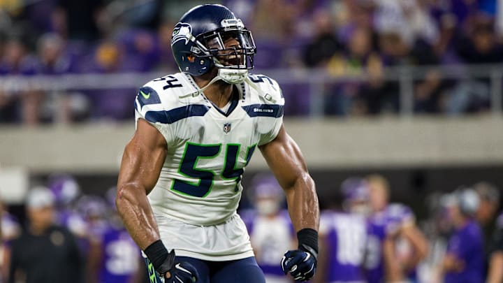 Aug 24, 2018; Minneapolis, MN, USA; Seattle Seahawks linebacker Bobby Wagner (54) celebrates in the second quarter against Minnesota Vikings at U.S. Bank Stadium.