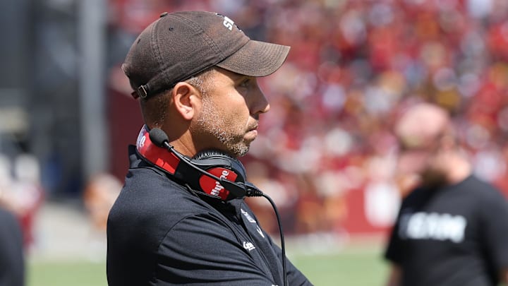 Sep 6, 2025; Ames, Iowa, USA; Iowa State Cyclones head coach Matt Campbell looks on against the Iowa Hawkeyes during the second quarter at Jack Trice Stadium. Sep 6, 2025; Ames, Iowa, USA; Iowa State Cyclones head coach Matt Campbell looks on against the Iowa Hawkeyes during the second quarter at Jack Trice Stadium.