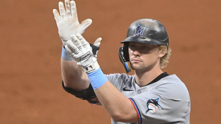 Aug 13, 2025; Cleveland, Ohio, USA; Miami Marlins left fielder Kyle Stowers (28) celebrates his RBI single in the sixth inning against the Cleveland Guardians at Progressive Field. Aug 13, 2025; Cleveland, Ohio, USA; Miami Marlins left fielder Kyle Stowers (28) celebrates his RBI single in the sixth inning against the Cleveland Guardians at Progressive Field.