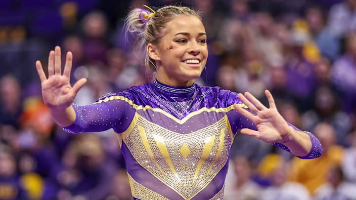 LSU’s Livvy Dunne competes on the floor during NCAA, College League, USA Gymnastics action between the Florida Gators and the LSU Tigers at the Pete Maravich Assembly Center.