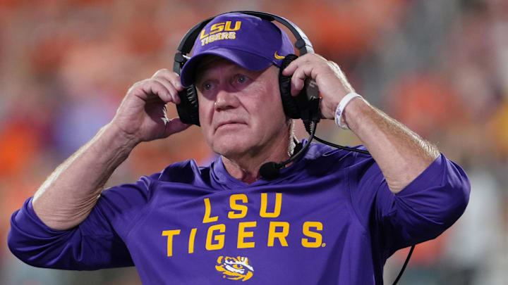 Aug 30, 2025; Clemson, South Carolina, USA; LSU Tigers head coach Brian Kelly looks on during the second half at Memorial Stadium. Mandatory Credit: Ken Ruinard-USA TODAY Network via Imagn Images