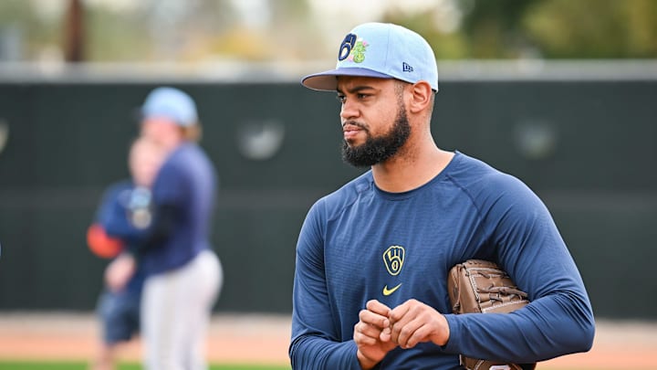 Milwaukee Brewers pitcher Sammy Peralta (57) walks onto the field during spring training workouts Monday, February 16, 2026, at American Family Fields of Phoenix in Phoenix, Arizona.