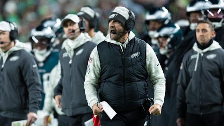 Nov 14, 2024; Philadelphia, Pennsylvania, USA; Philadelphia Eagles head coach Nick Sirianni reacts to a play in the third quarter of a game against the Washington Commanders at Lincoln Financial Field. Mandatory Credit: Bill Streicher-Imagn Images
