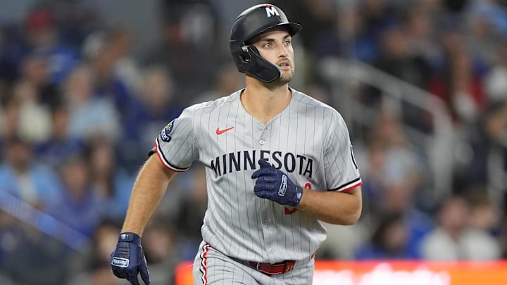 Aug 25, 2025; Toronto, Ontario, CAN; Minnesota Twins right fielder Matt Wallner (38) runs to first base on his two run home run against the Toronto Blue Jays during the sixth inning at Rogers Centre. Aug 25, 2025; Toronto, Ontario, CAN; Minnesota Twins right fielder Matt Wallner (38) runs to first base on his two run home run against the Toronto Blue Jays during the sixth inning at Rogers Centre.
