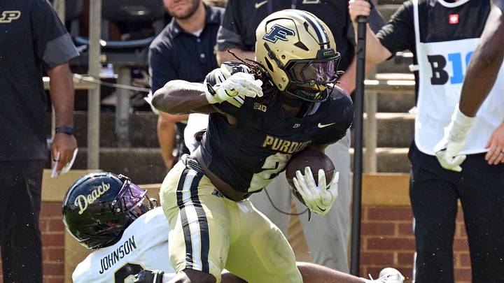 Sep 12, 2026; West Lafayette, Indiana, USA; Purdue Boilermakers running back Fame Ijeboi (2) evades tackles. Sep 12, 2026; West Lafayette, Indiana, USA; Purdue Boilermakers running back Fame Ijeboi (2) evades tackles.