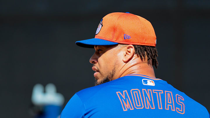 Feb 12, 2025; Port St. Lucie, FL, USA; New York Mets pitcher Frankie Montas (47) pitches during a Spring Training workout at Clover Park. Mandatory Credit: Sam Navarro-Imagn Images