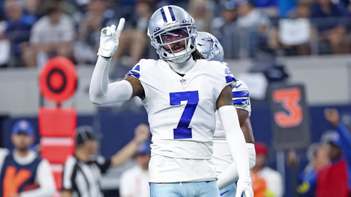 Oct 23, 2022; Arlington, Texas, USA;  Dallas Cowboys cornerback Trevon Diggs (7) reacts during the first quarter against the Detroit Lions at AT&T Stadium. Mandatory Credit: Kevin Jairaj-Imagn Images