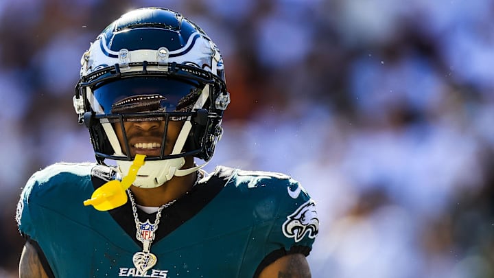 Oct 27, 2024; Cincinnati, Ohio, USA; Philadelphia Eagles wide receiver DeVonta Smith (6) reacts after scoring a touchdown against the Cincinnati Bengals in the second half at Paycor Stadium. Mandatory Credit: Katie Stratman-Imagn Images Oct 27, 2024; Cincinnati, Ohio, USA; Philadelphia Eagles wide receiver DeVonta Smith (6) reacts after scoring a touchdown against the Cincinnati Bengals in the second half at Paycor Stadium. Mandatory Credit: Katie Stratman-Imagn Images