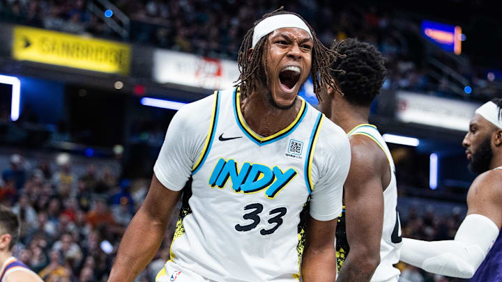 Jan 4, 2025; Indianapolis, Indiana, USA;  Indiana Pacers center Myles Turner (33) celebrates after a basket against the Phoenix Suns in the second half at Gainbridge Fieldhouse. Mandatory Credit: Trevor Ruszkowski-Imagn Images