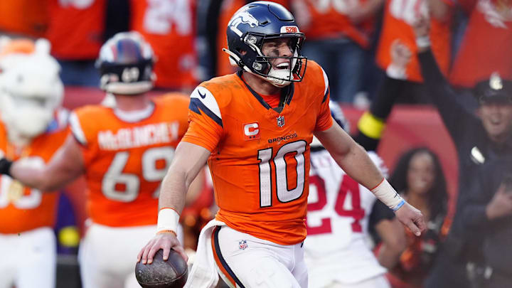 Oct 19, 2025; Denver, Colorado, USA; Denver Broncos quarterback Bo Nix (10) celebrates after play during the second half against the New York Giants at Empower Field at Mile High. Mandatory Credit: Ron Chenoy-Imagn Images Oct 19, 2025; Denver, Colorado, USA; Denver Broncos quarterback Bo Nix (10) celebrates after play during the second half against the New York Giants at Empower Field at Mile High. Mandatory Credit: Ron Chenoy-Imagn Images