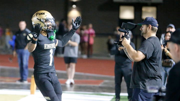 Penn receiver Tayshon Bardo (1) celebrates with the student body after a touchdown Friday, Aug. 23, 2024, at the Valparaiso vs. Penn football game at Freed Field.