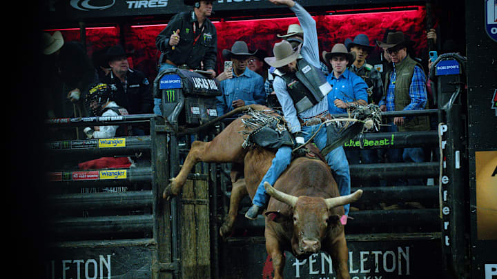 PBR Bull Rider competing in Sioux Falls, South Dakota.