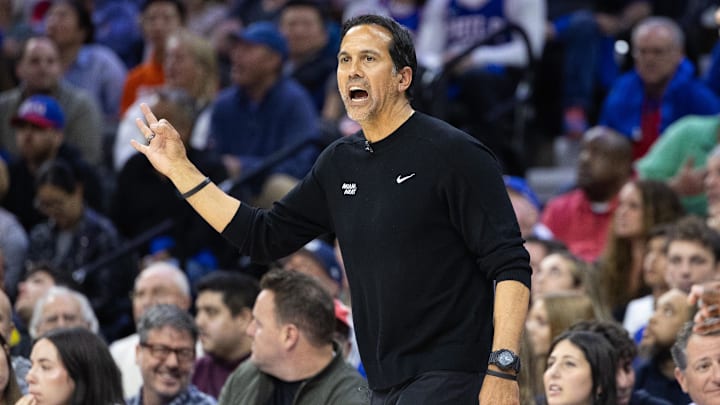 Apr 17, 2024; Philadelphia, Pennsylvania, USA; Miami Heat head coach Erik Spoelstra reacts during; Credit: Bill Streicher-USA TODAY Sports
