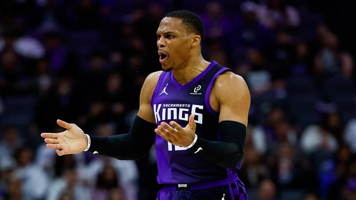 Feb 6, 2026; Sacramento, California, USA; Sacramento Kings guard Russell Westbrook (18) reacts after a play during the third quarter against the Los Angeles Clippers at Golden 1 Center.