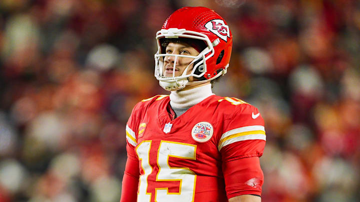Jan 18, 2025; Kansas City, Missouri, USA; Kansas City Chiefs quarterback Patrick Mahomes (15) reacts during the second half against Houston Texans in a 2025 AFC divisional round game at GEHA Field at Arrowhead Stadium. Mandatory Credit: Jay Biggerstaff-Imagn Images