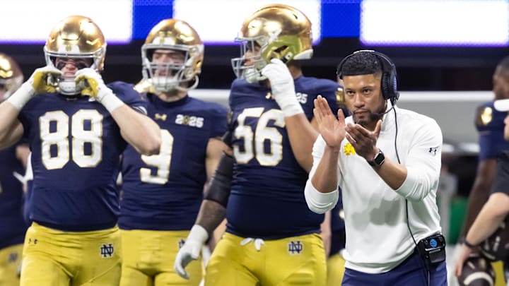 Jan 20, 2025; Atlanta, GA, USA; Notre Dame Fighting Irish head coach Marcus Freeman against the Ohio State Buckeyes during the CFP National Championship college football game at Mercedes-Benz Stadium. 