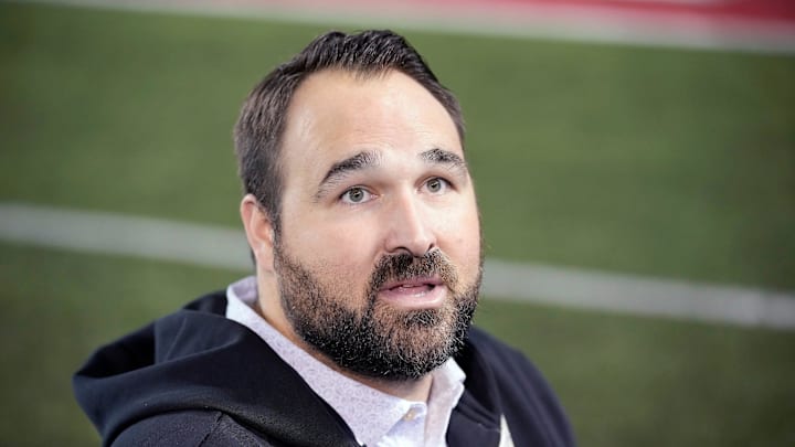 Ohio State offensive line coach Tyler Bowen speaks to the meeting during a press conference before the start of spring football at the Woody Hayes Athletic Center on March 7, 2025.