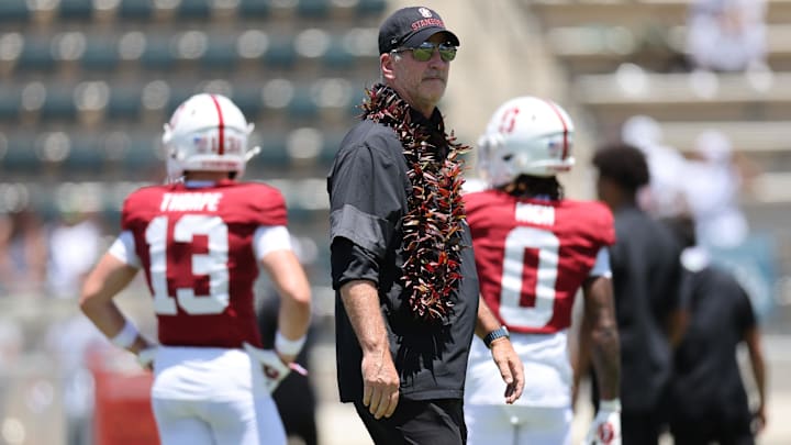 Aug 23, 2025; Honolulu, Hawaii, USA;  Stanford Cardinal head coach Frank Reich is seen on the field before an NCAA college football game against the Hawaii Rainbow Warriors at Clarence T.C. Ching Athletics Complex. Mandatory Credit: Marco Garcia-Imagn Images