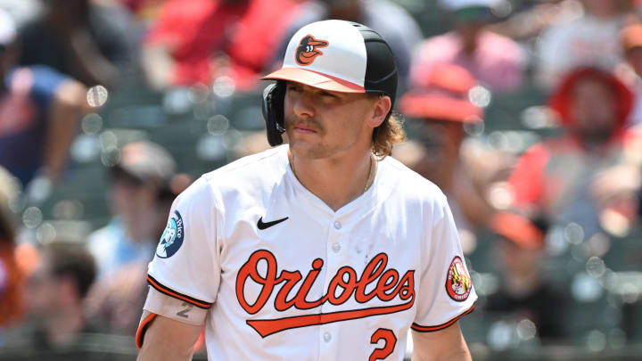 Jul 14, 2024; Baltimore, Maryland, USA;  Baltimore Orioles shortstop Gunnar Henderson (2) stands at bat during the fourth inning against the New York Yankees at Oriole Park at Camden Yards.