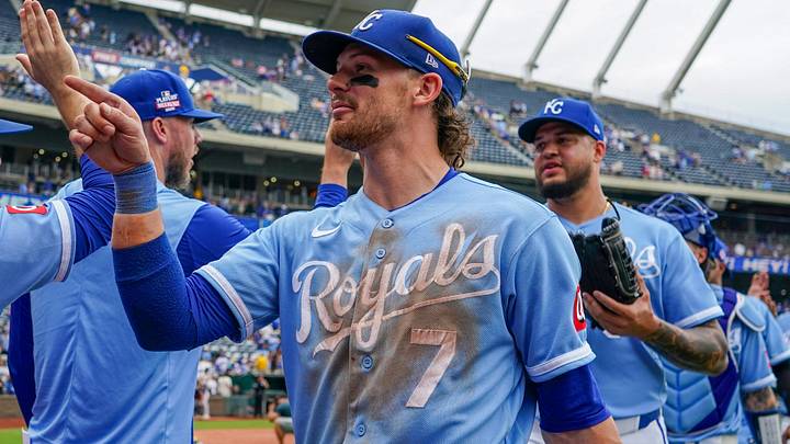 Aug 23, 2026; Kansas City, Missouri, USA; KKansas City Royals shortstop Bobby Witt Jr. (7) celebrates with team mates after the win over the Detroit Tigers at Kauffman Stadium. Mandatory Credit: Denny Medley-Imagn Images Aug 23, 2026; Kansas City, Missouri, USA; KKansas City Royals shortstop Bobby Witt Jr. (7) celebrates with team mates after the win over the Detroit Tigers at Kauffman Stadium. Mandatory Credit: Denny Medley-Imagn Images