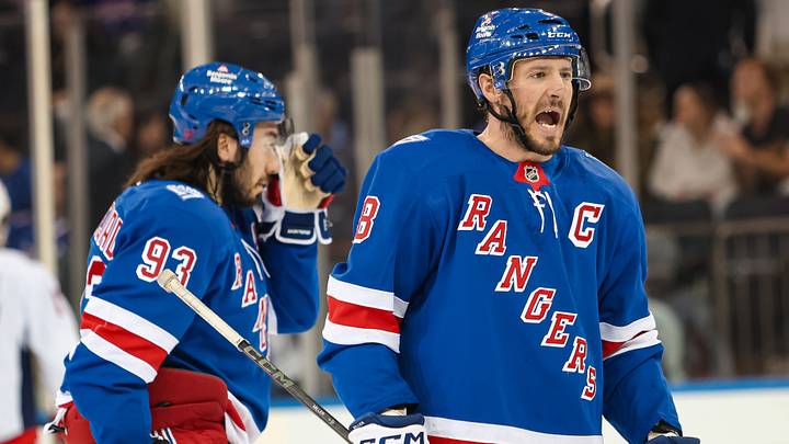 Apr 5, 2026; New York, New York, USA; New York Rangers center J.T. Miller (8) and center Mika Zibanejad (93) skate off the ice during the first period against the Washington Capitals at Madison Square Garden. Mandatory Credit: Danny Wild-Imagn Images