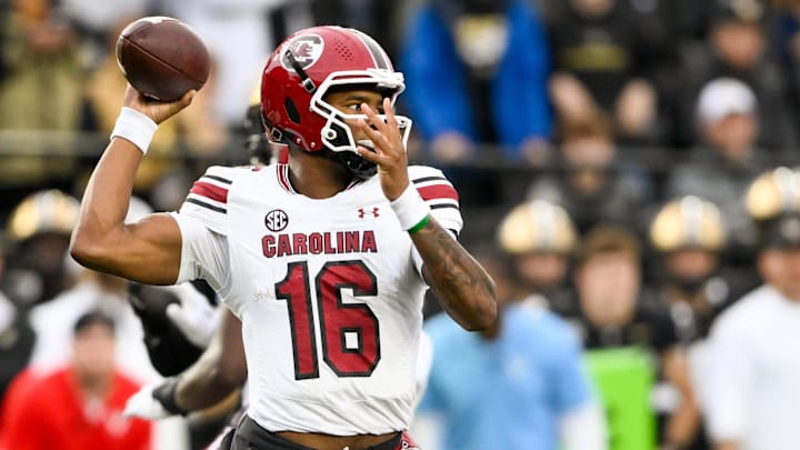 Nov 9, 2024; Nashville, Tennessee, USA;  South Carolina Gamecocks quarterback LaNorris Sellers (16) passes the ball against the Vanderbilt Commodores during the first half at FirstBank Stadium. Mandatory Credit: Steve Roberts-Imagn Images