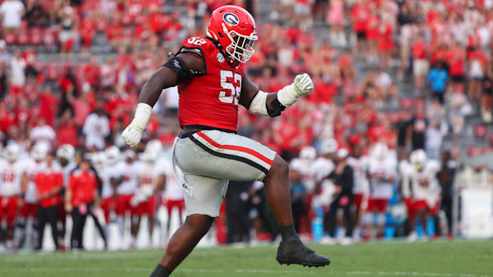 Sep 6, 2025; Athens, Georgia, USA; Georgia Bulldogs defensive lineman Christen Miller (52) reacts after a defensive stop against the Austin Peay Governors in the fourth quarter at Sanford Stadium. Mandatory Credit: Brett Davis-Imagn Images