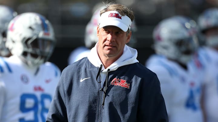 Nov 28, 2025; Starkville, Mississippi, USA; Mississippi Rebels head coach Lane Kiffin looks on before the game against the Mississippi State Bulldogs at Davis Wade Stadium at Scott Field. Mandatory Credit: Petre Thomas-Imagn Images