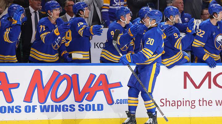 Buffalo Sabres center Jiri Kulich (20) celebrates his goal with teammates during the third period against the Chicago Blackhawks at KeyBank Center. Mandatory Credit: Timothy T. Ludwig-Imagn Images Buffalo Sabres center Jiri Kulich (20) celebrates his goal with teammates during the third period against the Chicago Blackhawks at KeyBank Center. Mandatory Credit: Timothy T. Ludwig-Imagn Images