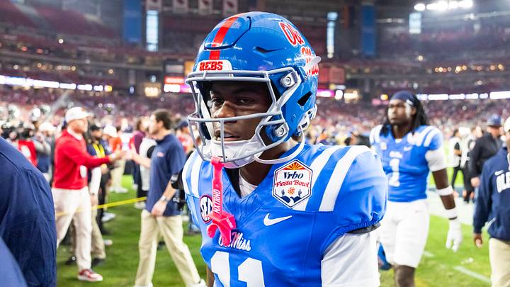 Jan 8, 2026; Glendale, AZ, USA; Mississippi Rebels wide receiver Deuce Alexander (11) against the Miami Hurricanes during the 2026 Fiesta Bowl and semifinal game of the College Football Playoff at State Farm Stadium. Mandatory Credit: Mark J. Rebilas-Imagn Images