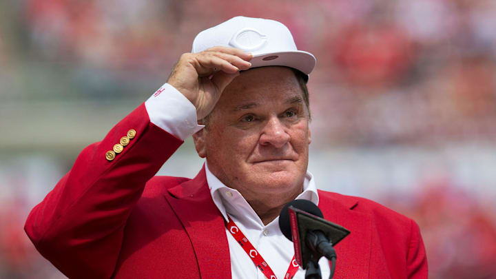 Pete Rose speaks at a Cincinnati Reds ceremony for the unveiling of a statue of him.