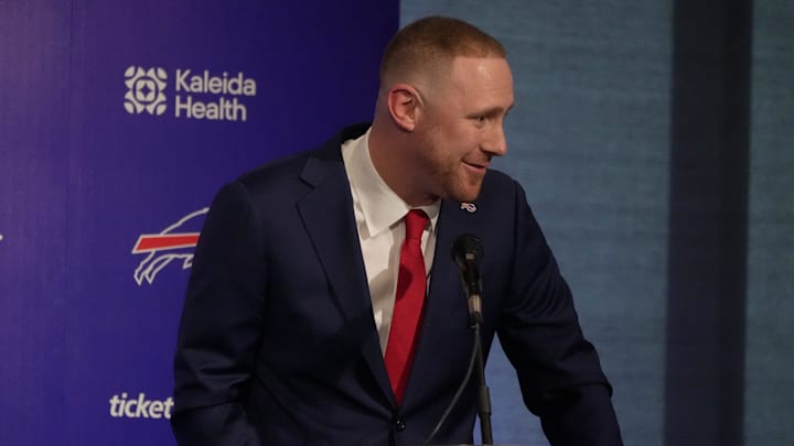 Joe Brady talks about his respect for his players at the press conference that introduced him as the new head coach at the Buffalo Bills' field house in Orchard Park on Jan. 29, 2026. Joe Brady talks about his respect for his players at the press conference that introduced him as the new head coach at the Buffalo Bills' field house in Orchard Park on Jan. 29, 2026.