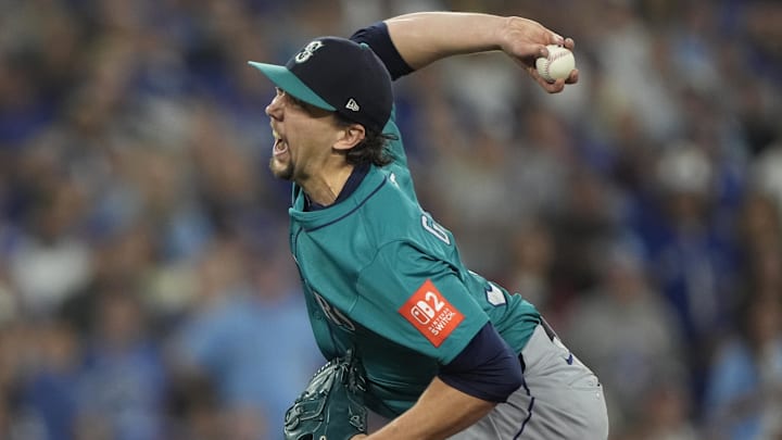 Oct 19, 2025; Toronto, Ontario, CAN; Seattle Mariners pitcher Logan Gilbert (36) pitches against the Toronto Blue Jays in the first inning during game six of the ALCS round for the 2025 MLB playoffs at Rogers Centre. Mandatory Credit: John E. Sokolowski-Imagn Images