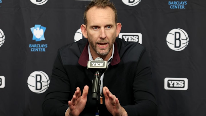 Nov 9, 2022; Brooklyn, New York, USA; Brooklyn Nets general manager Sean Marks speaks during a press conference before a game against the New York Knicks at Barclays Center. Mandatory Credit: Brad Penner-Imagn Images