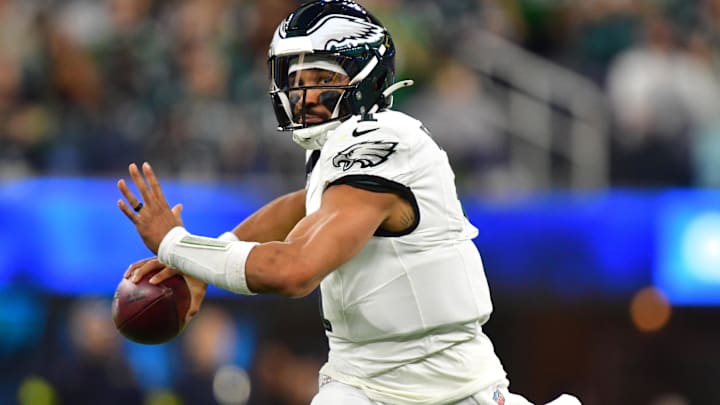 Dec 8, 2025; Inglewood, California, USA; Philadelphia Eagles quarterback Jalen Hurts (1) passes against the Los Angeles Chargers in the second half at SoFi Stadium. Mandatory Credit: Gary A. Vasquez-Imagn Images Dec 8, 2025; Inglewood, California, USA; Philadelphia Eagles quarterback Jalen Hurts (1) passes against the Los Angeles Chargers in the second half at SoFi Stadium. Mandatory Credit: Gary A. Vasquez-Imagn Images