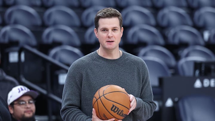 Dec 15, 2025; Salt Lake City, Utah, USA; Utah Jazz head coach Will Hardy watches the team warm up before the game against the Dallas Mavericks at Delta Center. Mandatory Credit: Rob Gray-Imagn Images