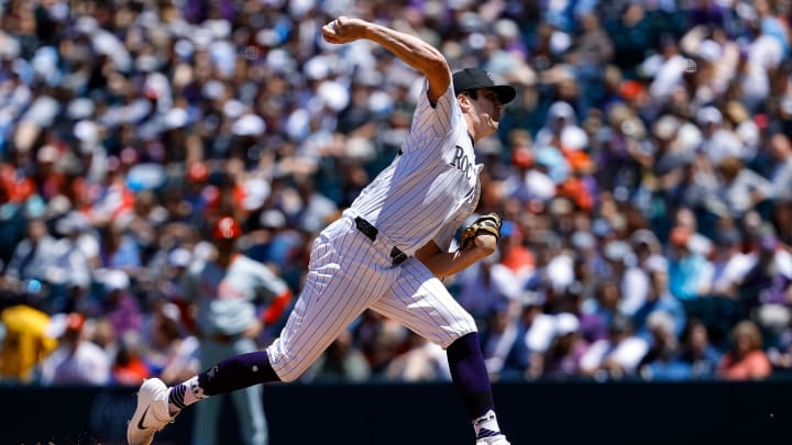 May 26, 2024; Denver, Colorado, USA; Colorado Rockies starting pitcher Cal Quantrill (47) pitches in the first inning against the Philadelphia Phillies at Coors Field. Mandatory Credit: Isaiah J. Downing-USA TODAY Sports