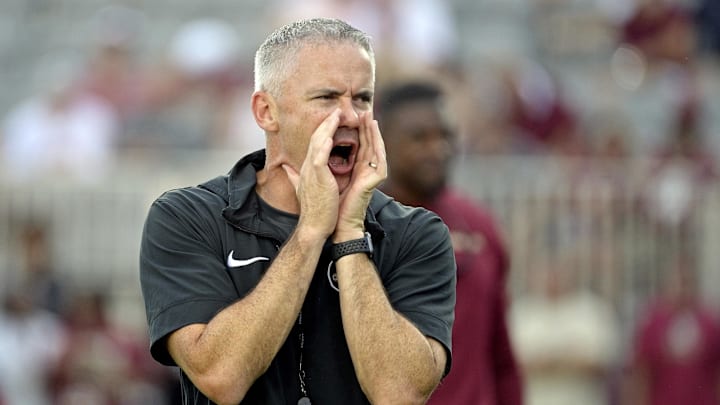 Sep 2, 2024; Tallahassee, Florida, USA; Florida State Seminoles head coach Mike Norvell before the game against the Boston College Eagles at Doak S. Campbell Stadium. Mandatory Credit: Melina Myers-Imagn Images