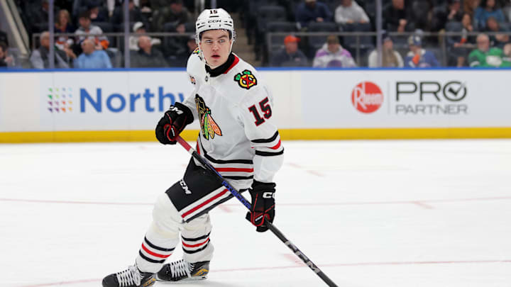 Mar 24, 2026; Elmont, New York, USA; Chicago Blackhawks center Anton Frondell (15) skates against the New York Islanders during the first period at UBS Arena. Mandatory Credit: Brad Penner-Imagn Images Mar 24, 2026; Elmont, New York, USA; Chicago Blackhawks center Anton Frondell (15) skates against the New York Islanders during the first period at UBS Arena. Mandatory Credit: Brad Penner-Imagn Images
