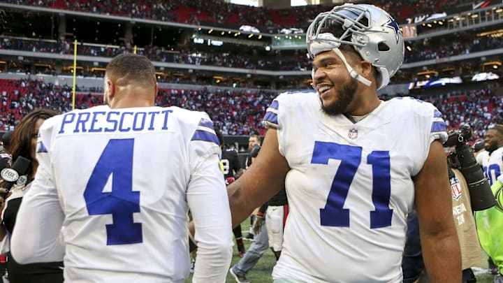 Dallas Cowboys quarterback Dak Prescott and offensive tackle La'el Collins against the Atlanta Falcons. Dallas Cowboys quarterback Dak Prescott and offensive tackle La'el Collins against the Atlanta Falcons.