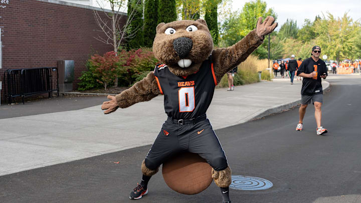 Sep 14, 2024; Corvallis, Oregon, USA; Oregon State Beavers mascot Benny Beaver arrives before the game against the Oregon Ducks at Reser Stadium. Mandatory Credit: Craig Strobeck-Imagn Images Sep 14, 2024; Corvallis, Oregon, USA; Oregon State Beavers mascot Benny Beaver arrives before the game against the Oregon Ducks at Reser Stadium. Mandatory Credit: Craig Strobeck-Imagn Images